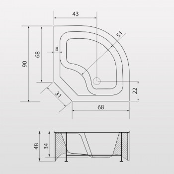 Cadita de dus semirotunda, West Agape, acril, alba, 90 x 90 x 48 cm